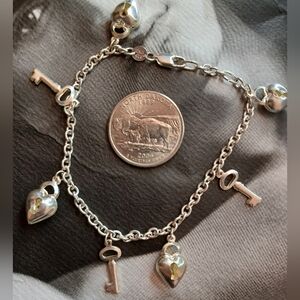 Italian Silver Puffy Heart and Key Charm Bracelet